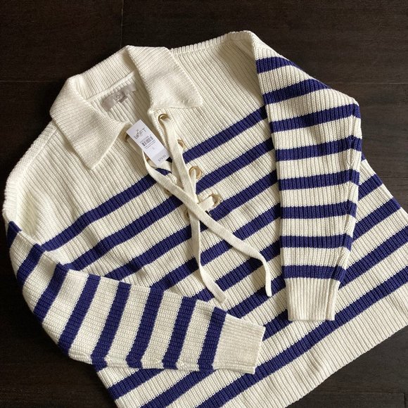 LOFT:  Striped Lace Up Polo Sweater - white/blue - Picture 7 of 9